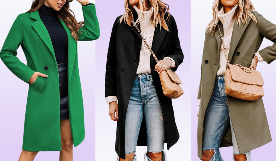 woman wearing a pea style trench coat in green, black and camel