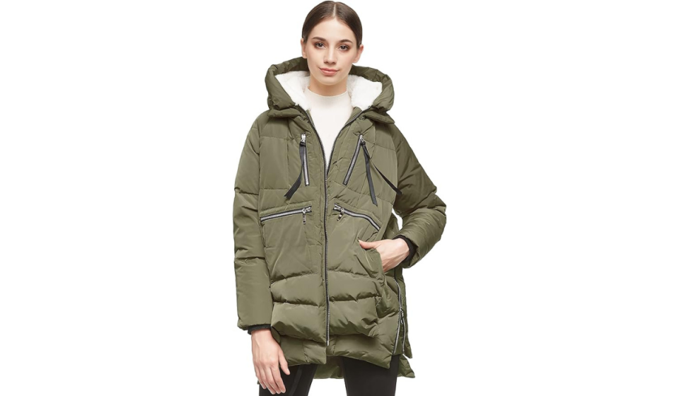 Amazon coat in olive green on model