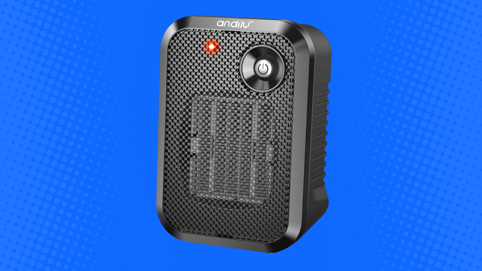 andily space heater on blue background