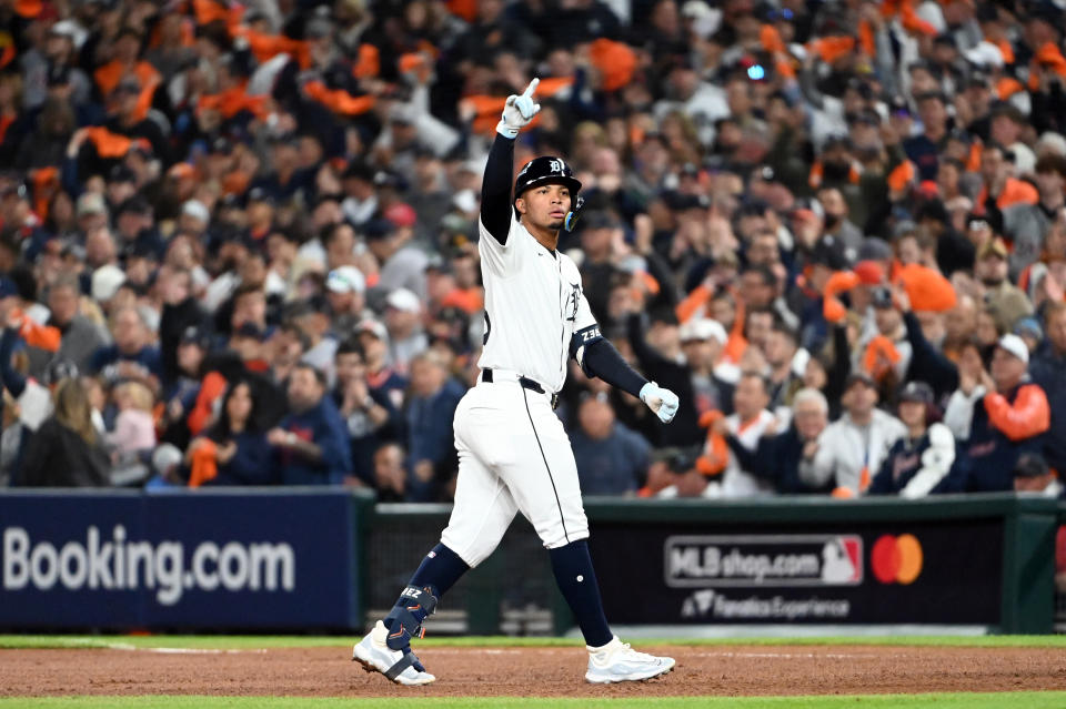 DETROIT, MI - OCTOBER 10: Wenceel Pérez #46 of the Detroit Tigers reacts after hitting a single in the eighth inning during Game 4 of the Division Series presented by Booking.com between the Cleveland Guardians and the Detroit Tigers at Comerica Park on Thursday, October 10, 2024 in Detroit, Michigan. (Photo by Monica Bradburn/MLB Photos via Getty Images)