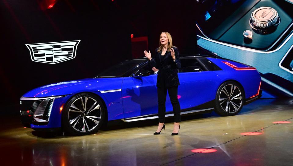 Mary Barra, GM Chair and CEO, speaks during the unveiling of the Cadillac Celestiq electric-sedan in Los Angeles, California on October 17, 2022. - The ultra-luxury low-volume Celestiq features a host of 3D-printed parts for extensive customization and is the second EV in Cadillac's lineup. (Photo by Frederic J. BROWN / AFP) (Photo by FREDERIC J. BROWN/AFP via Getty Images)