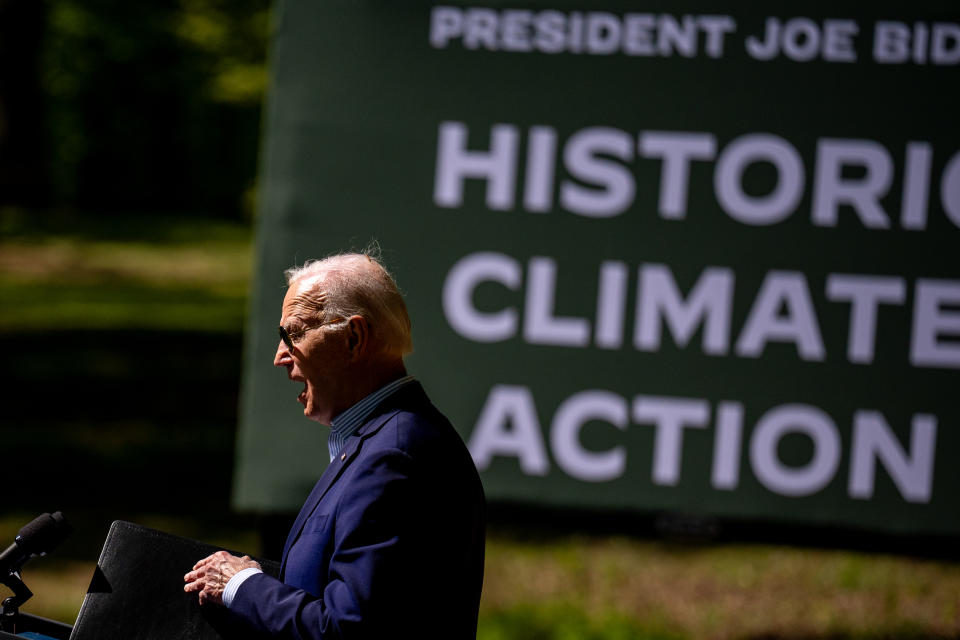 TRIANGLE, VIRGINIA - APRIL 22: U.S. President Joe Biden speaks on Earth Day at Prince William Forest Park on April 22, 2024 in Triangle, Virginia. Biden, along with Sens. Bernie Sanders (D-VT), Edward Markey (D-MA), and Rep. Alexandria Ocasio-Cortez (D-NY), announced a seven billion dollar 