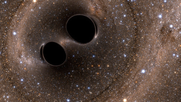  To black circles distort a dense gaseous field of stars and galaxies. 