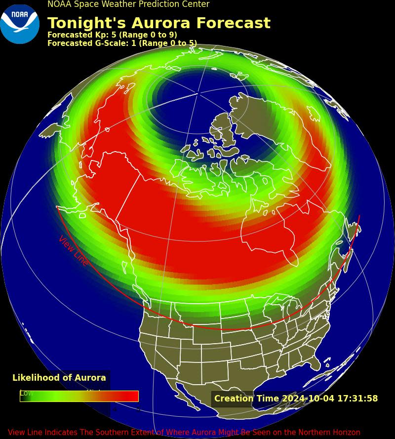 The aurora forecast for Friday, October 4, as shown in a computer illustration of the globe.