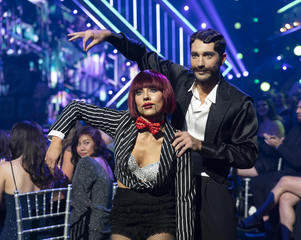 Pro Jenna Johnson and 'The Bachelor's Joey Graziadei performing a routine inspired by his fear of ventriloquist dolls. (Disney/Christopher Willard)