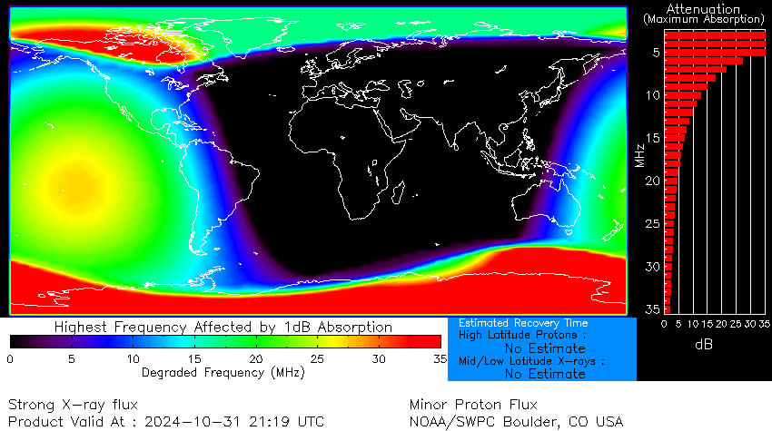 an rectangular map of Earth, with green, blue, purple and red splotches measuring levels, and a large blacked out portion over africa, europe and asia.