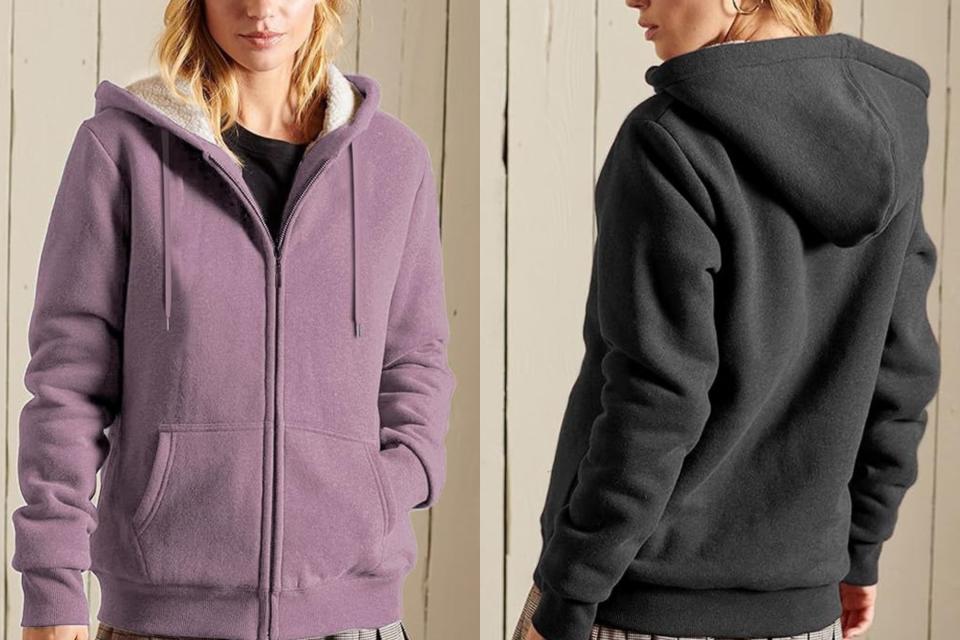 One model wearing a purple sweatshirt and another wearing a gray sweatshirt showing off the back. 