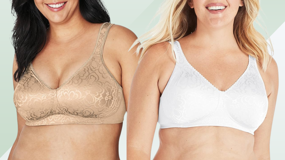 two women in Playtex bras, one beige and one white