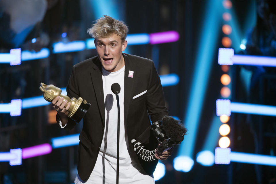 Jake Paul accepts the Radio Disney Music Award for Favorite Social Music Artist in 2017.