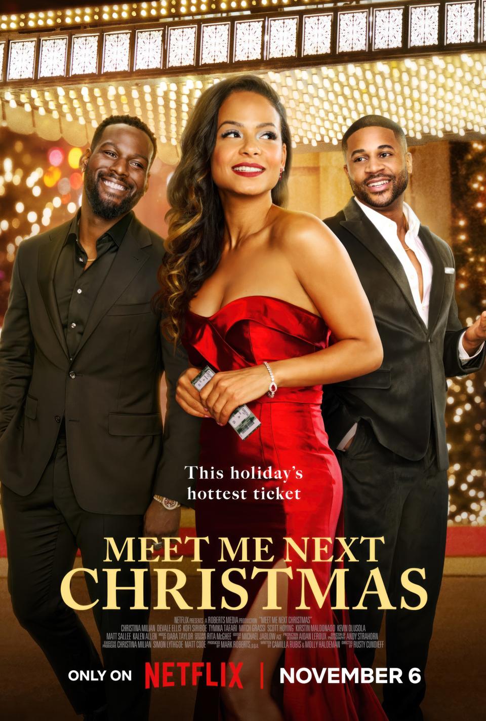 The poster for Meet Me Next Christmas, in which Christina Milian wears the red dress.