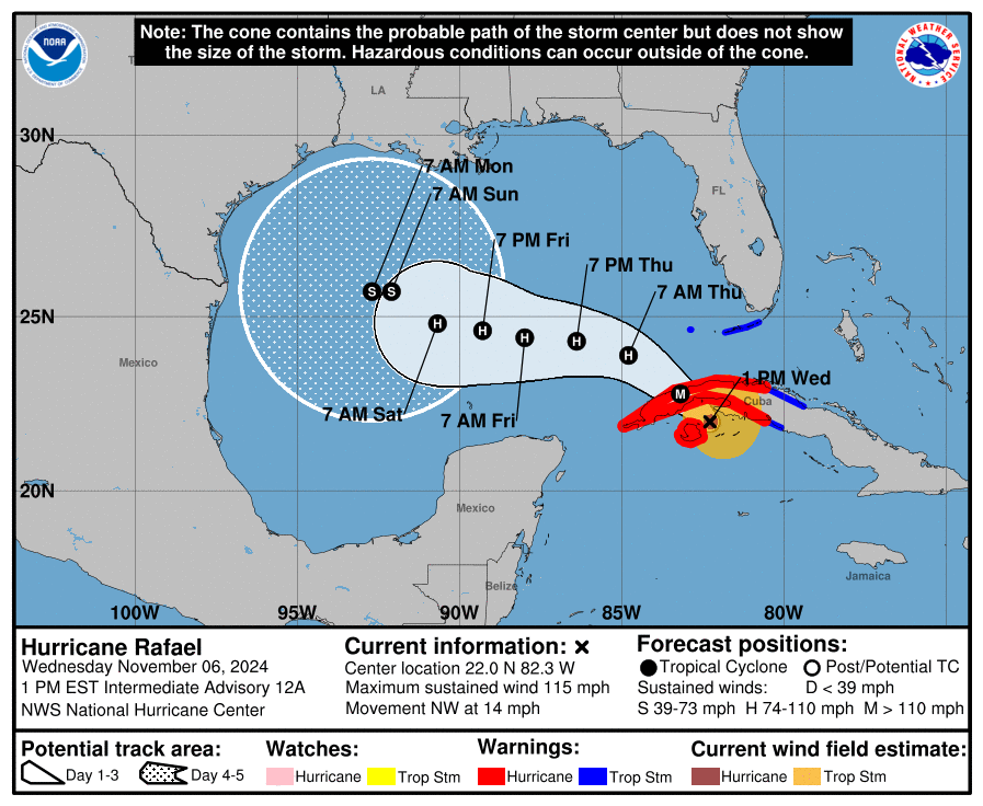 A map showing Rafael's projected path. (NOAA/National Weather Service)