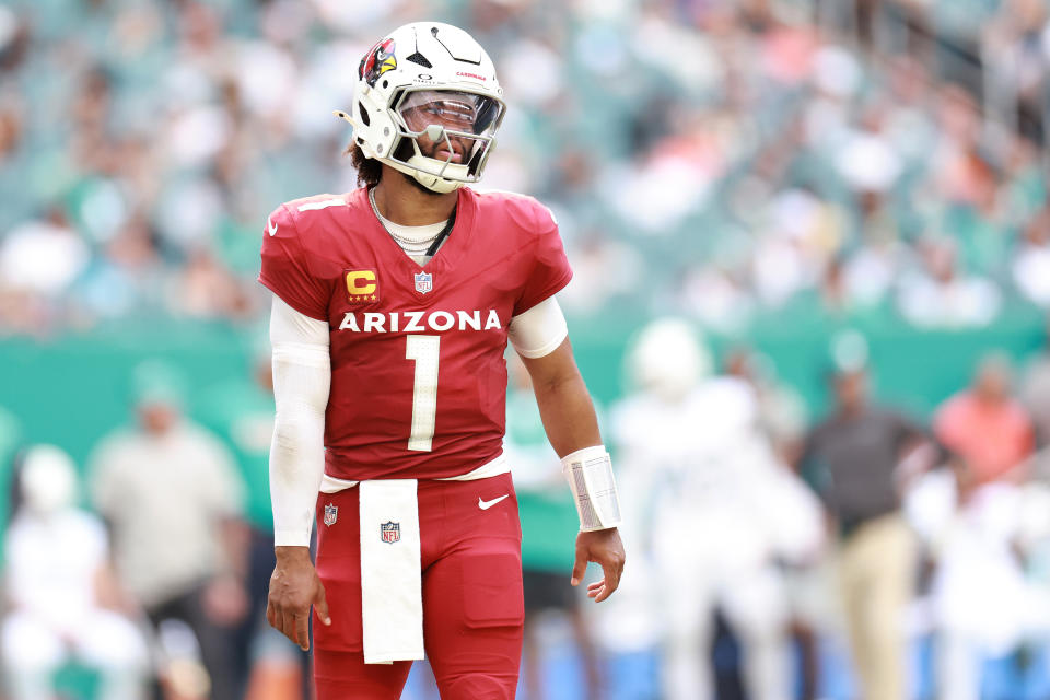 MIAMI GARDENS, FLORIDA - OCTOBER 27: Kyler Murray #1 of the Arizona Cardinals reacts after his team fails to convert on fourth down during the second half against the Miami Dolphins at Hard Rock Stadium on October 27, 2024 in Miami Gardens, Florida. (Photo by Carmen Mandato/Getty Images)