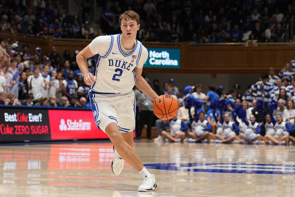 DURHAM, NORTH CAROLINA - OCTOBER 27: Cooper Flagg #2 of the Duke Blue Devils moves the ball against the Arizona State Sun Devils during the game at Cameron Indoor Stadium on October 27, 2024 in Durham, North Carolina. The Blue Devils won 103-47. (Photo by Grant Halverson/Getty Images)