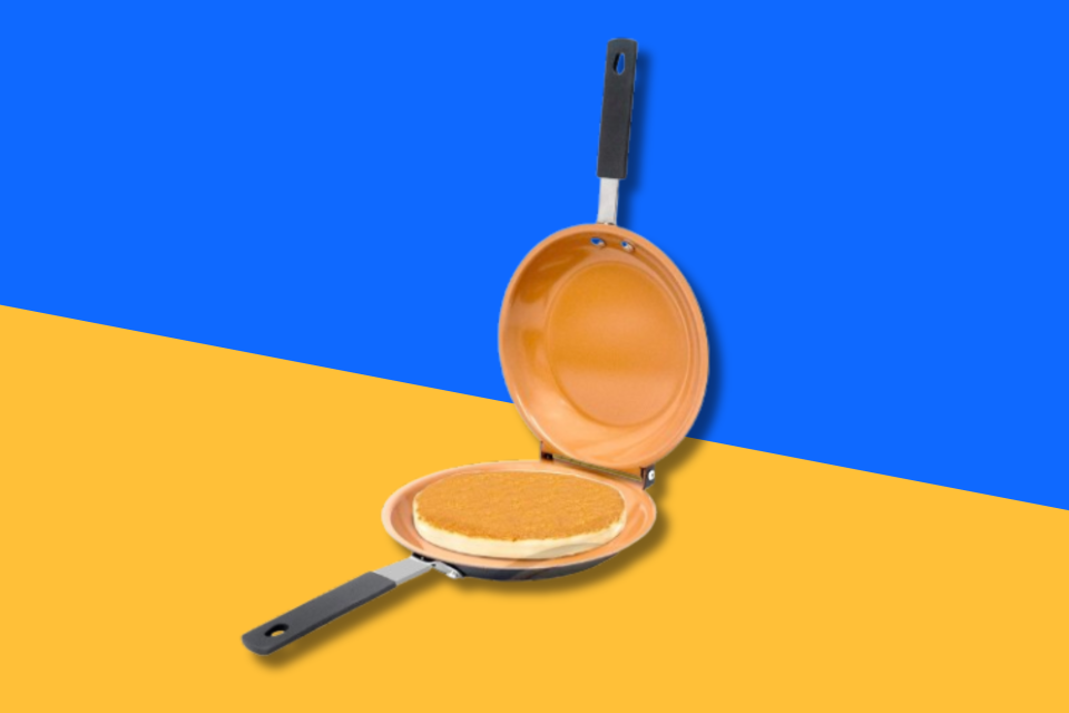 Gotham Steel double sided pan over orange and blue background