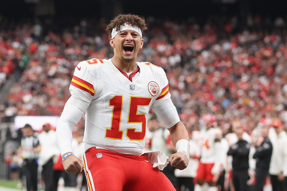 LAS VEGAS, NEVADA - OCTOBER 27:  Patrick Mahomes #15 of the Kansas City Chiefs reacts on the field during the NFL game against the Las Vegas Raiders at Allegiant Stadium on October 27, 2024 in Las Vegas, Nevada. The Chiefs defeated the Raiders 27-20.  (Photo by Christian Petersen/Getty Images)