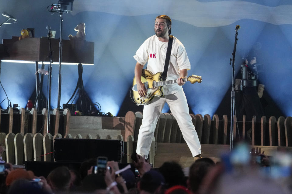 Noah Kahan performs during his We'll All Be Here Forever Tour at Fenway Park in July.