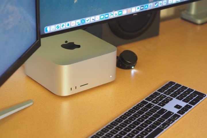 Apple Mac Studio top down view showing PC and keyboard.