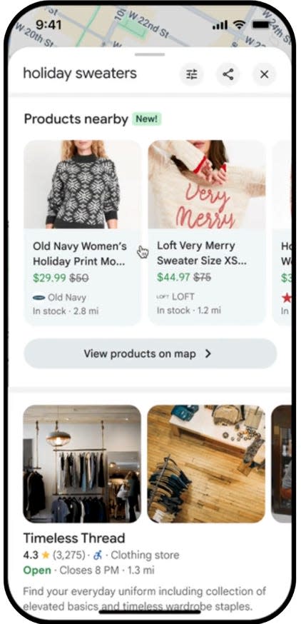 Google Products Nearby tab showing holiday sweaters