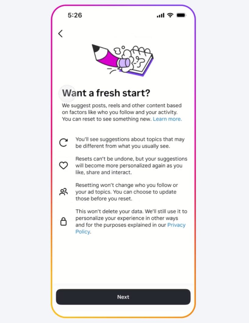 A screenshot of a page of Meta testing the ability to reset your Instagram recommendations, with text reading: "Want a fresh start?" and an illustration of a pencil erasing on a notepad.