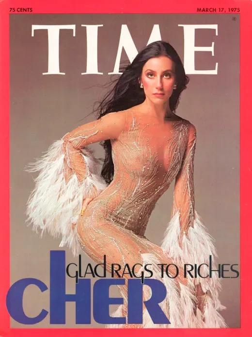 Cher on the cover of Time in March 1975 in a Mackie illusion dress.