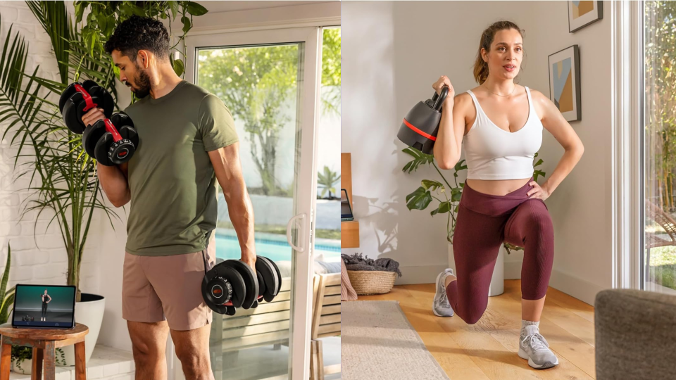  man using adjustable dumbbells to bicep curl, woman using adjustable kettle bell in lunge