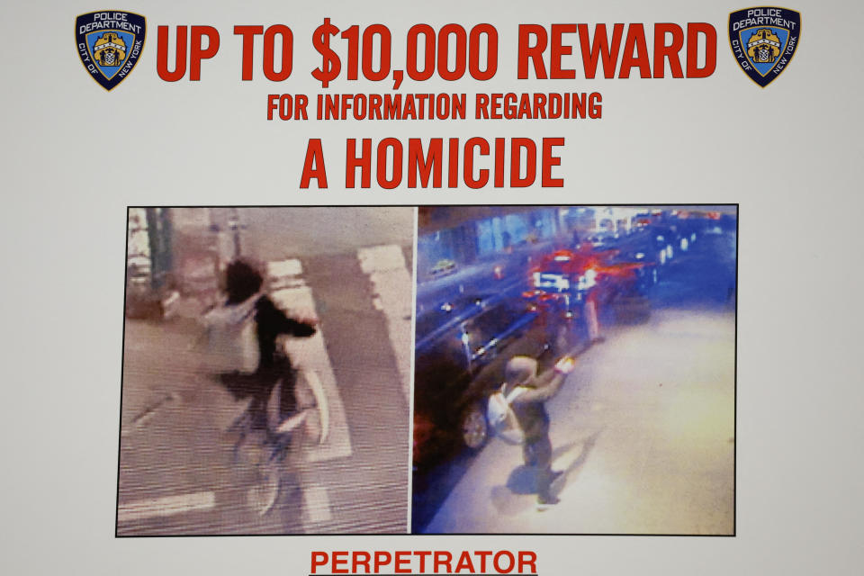 Security camera still images showing the shooter wanted in the killing of UnitedHealthcare CEO Brian Thompson are displayed at an NYPD press conference in New York City on Wednesday. (Mike Segar/Reuters)