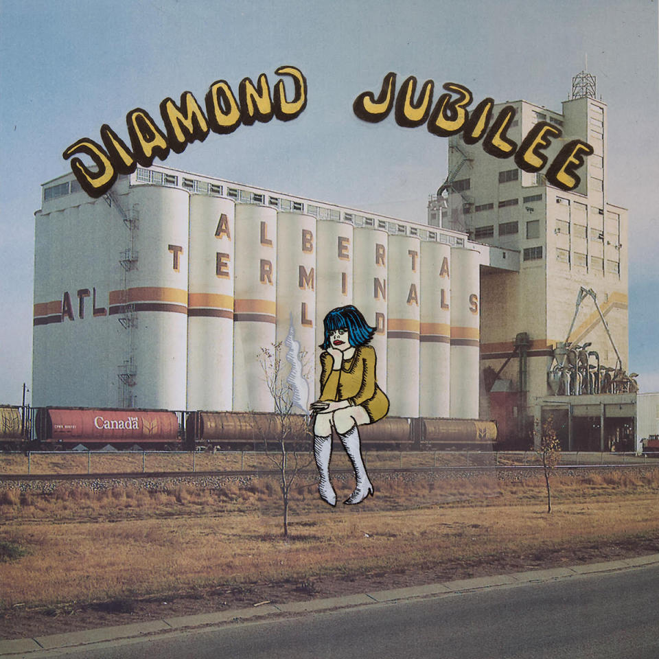 The album art for Cindy Lee's Diamond Jubilee showing the illustration of a girl wearing a yellow longsleeve dress and white boots with blue hair seated in a thinking position, in front of a real image of Alberta Terminals