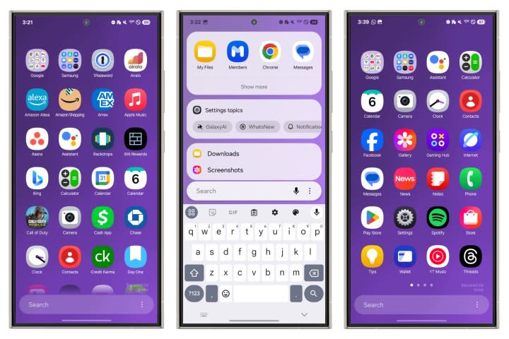 Screenshots of the new app drawer in Samsung's One UI 7 update.