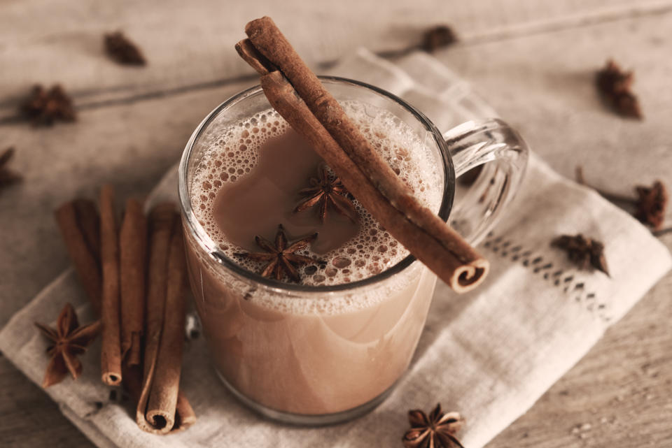 Chai contains spices such as cardamom, cinnamon, ginger and cloves.