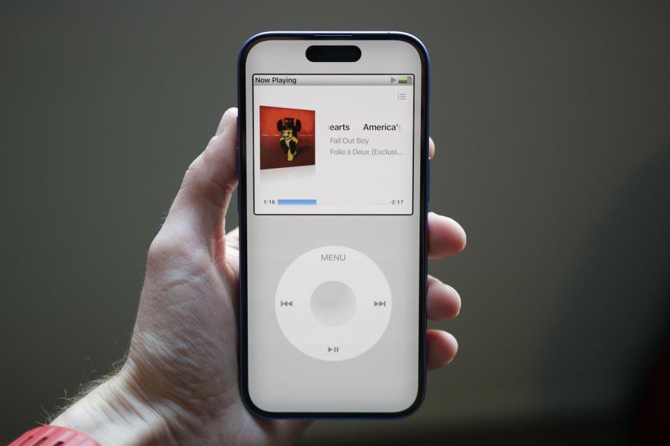 The My Classic app on an iPhone 16 showing the iPod interface.