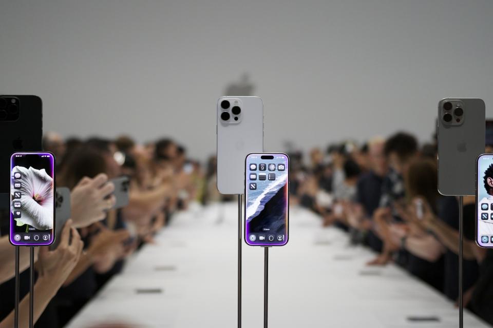 The iPhone 16 Pro on display at Apple Park.