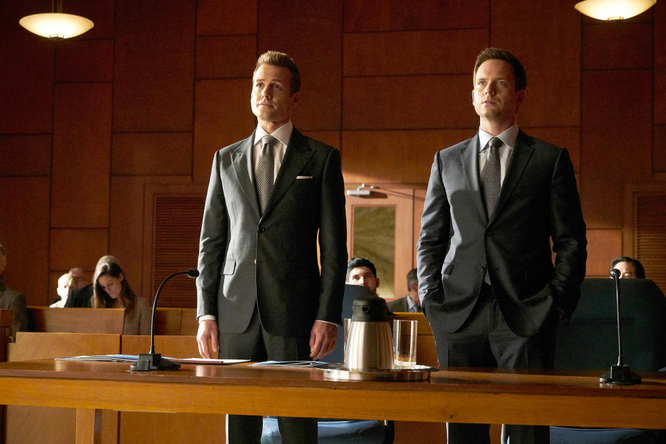 <em>Suits</em>, starring Gabriel Macht, left, and Patrick J. Adams, was the most-streamed show of 2023. (Ian Watson/©USA Network/Courtesy of the Everett Collection)