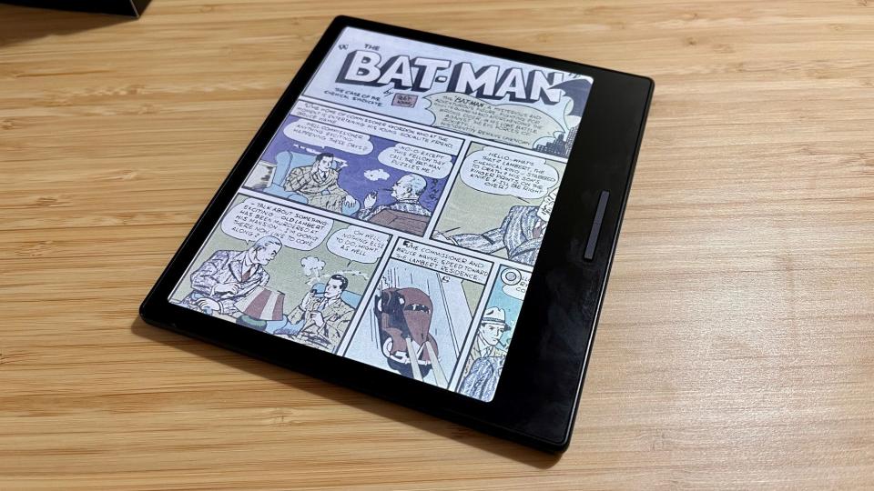 A photo of the Boox Go Color 7 displaying a comic book.