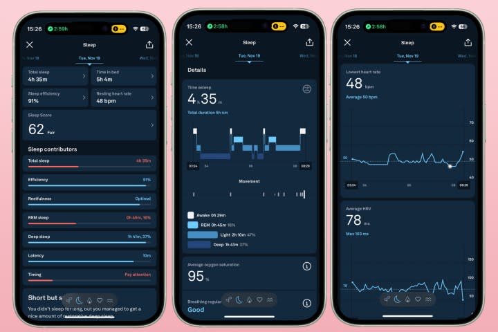 Three screenshots of a sleep report from the Oura Ring