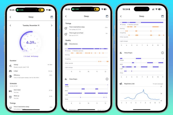 Three screenshots of a sleep report from the Google Nest Hub 2nd Gen