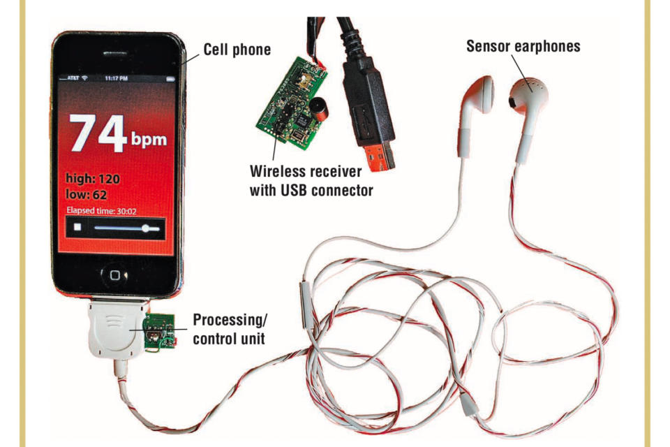 A prototype of wired earphones with a heart rate sensor.