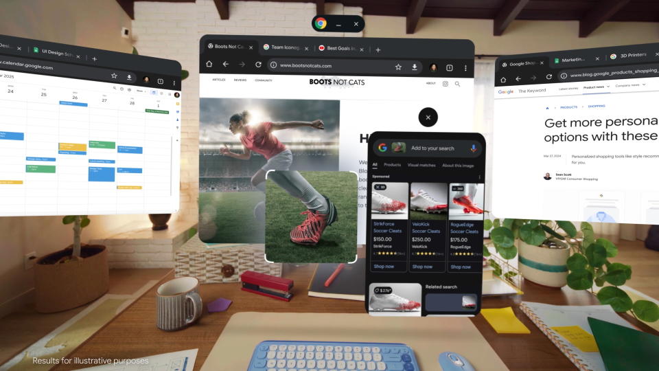 A mock-up of Android XR showing floating Chrome screens in a mixed-reality space, visible on top of a living room. It shows the after-effect of a Circle to Search tool finding data on a soccer player's shoe.