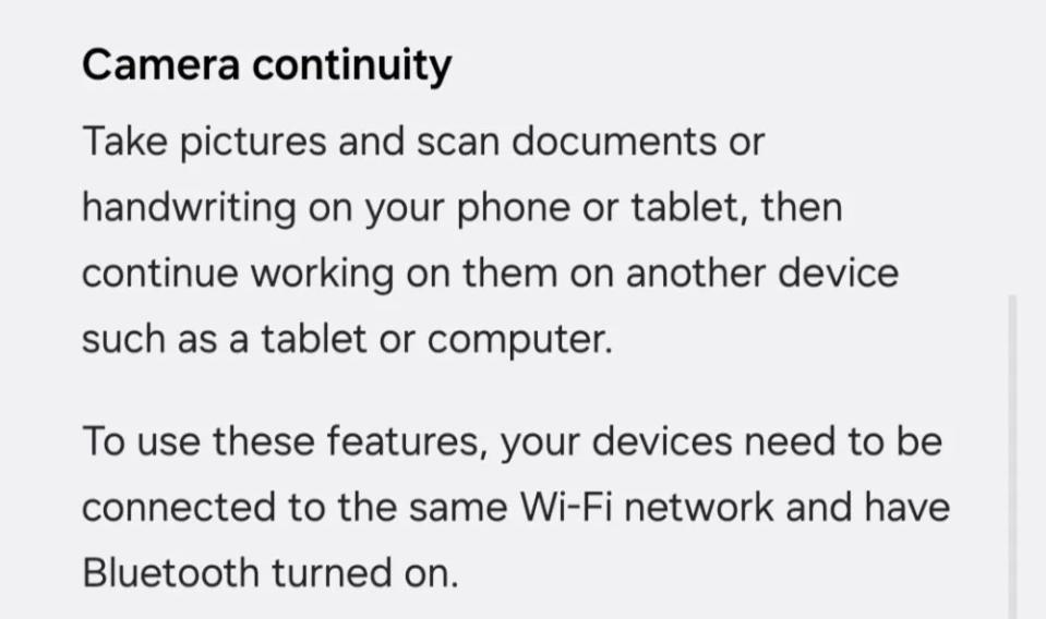 Camera Continuity description in One UI 7 Beta 2