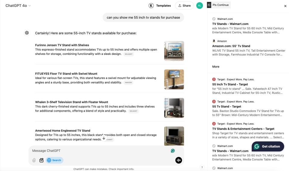 screenshot showing ChatGPT Search results for tv stand