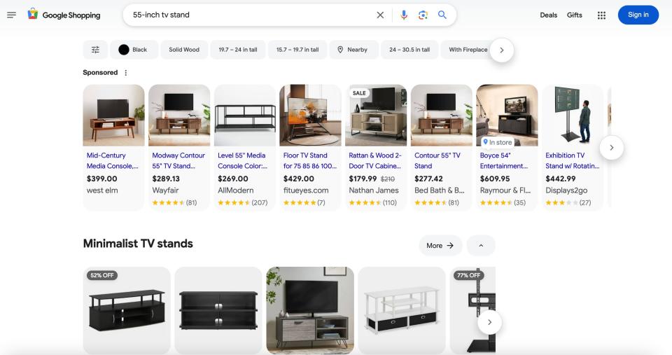 Google Shopping screenshot showing 55-inch TV stands