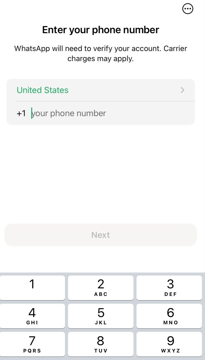 The screen WhatsApp will show you where you'll enter in your phone number.