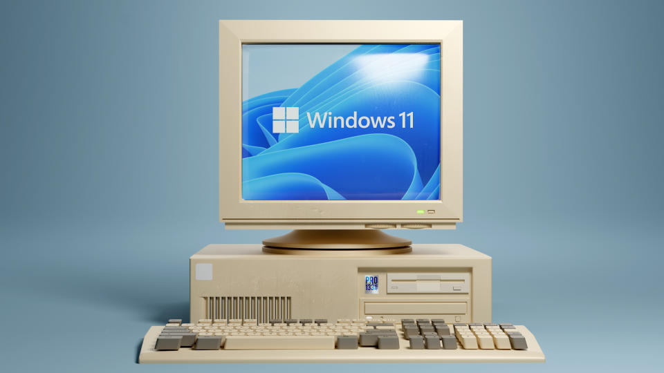  Retro 1990s style beige desktop PC computer and monitor screen and keyboard. 3D illustration. 