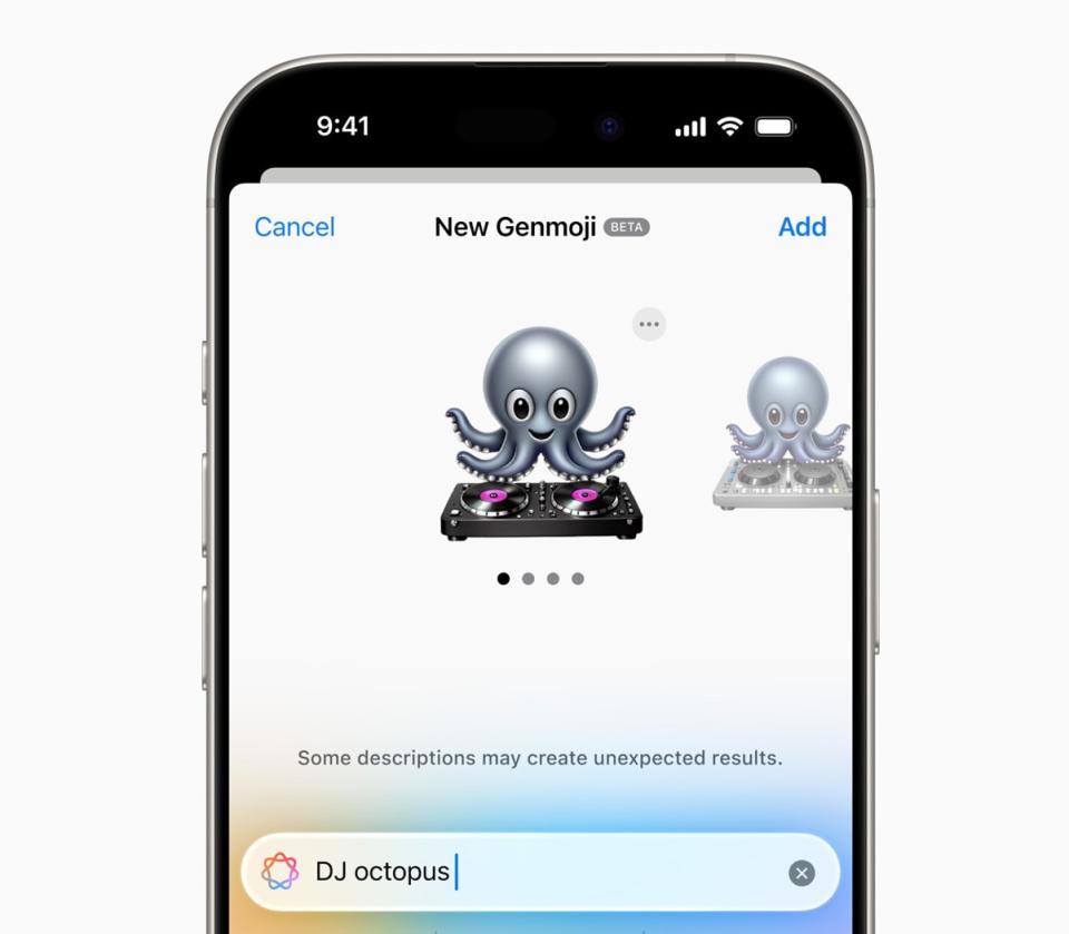 An iPhone with the Genmoji creator window open showing a Genmoji of an octopus in front of a DJ table. Below is a text window with the words 