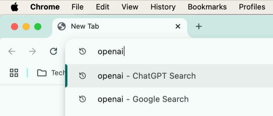 Chrome browser screenshot showing ChatGPT Search default engine