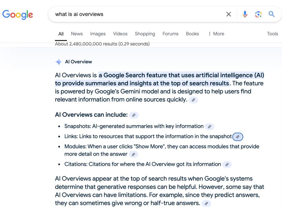 Google search of "what is ai overviews" with new ai overviews shown