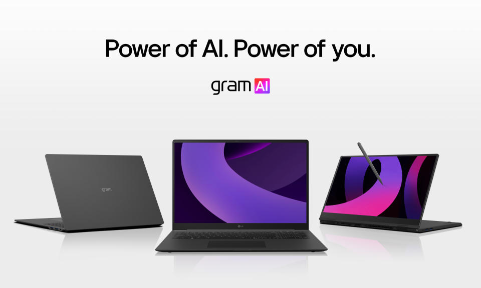 Three LG Gram laptops lined up with the text 