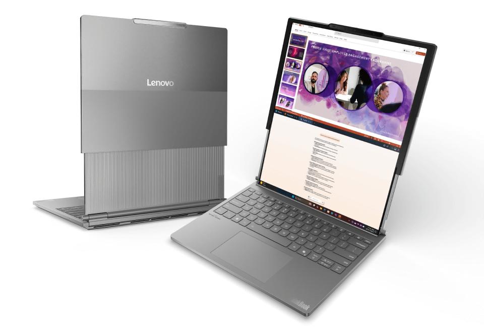 Two views of the leaked ThinkBook Plus, with the back of the laptops display on the right, and another view of the front of the extended display on the right.