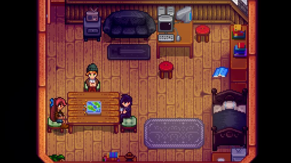  Stardew Valley bachelors Sam and Sebastian playing a game with the player character during one of the game's heart events. . 