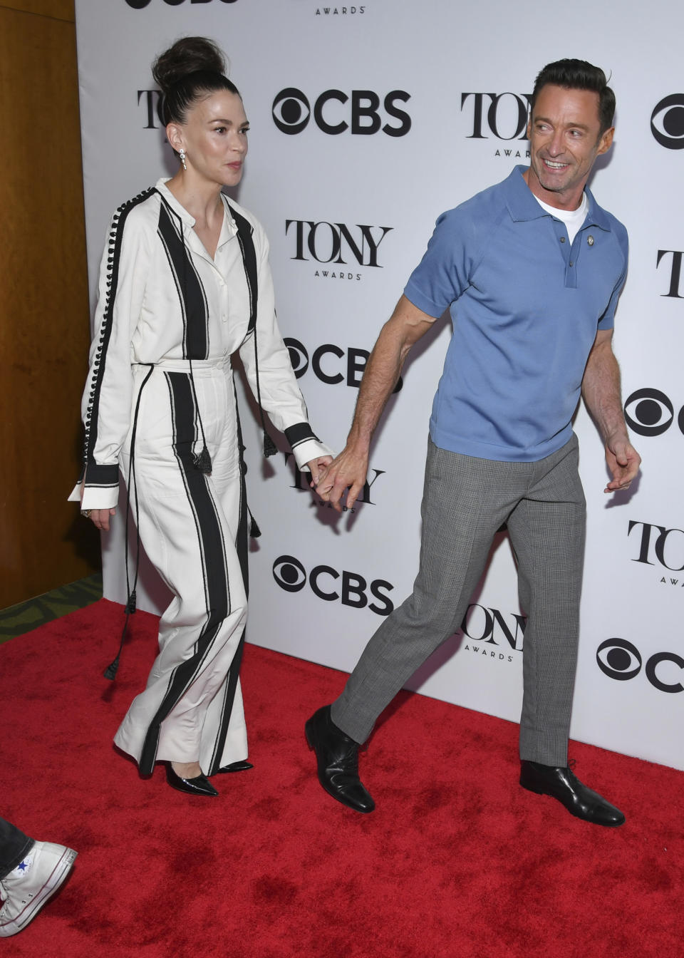 Hugh Jackman, right, and Sutton Foster in 2022 at a Tonys event in New York City.