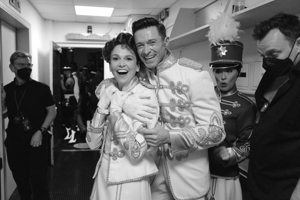 Sutton Foster, left, and Hugh Jackman, in costume, in a black-and-white photo, at the 2022 Tony Awards.